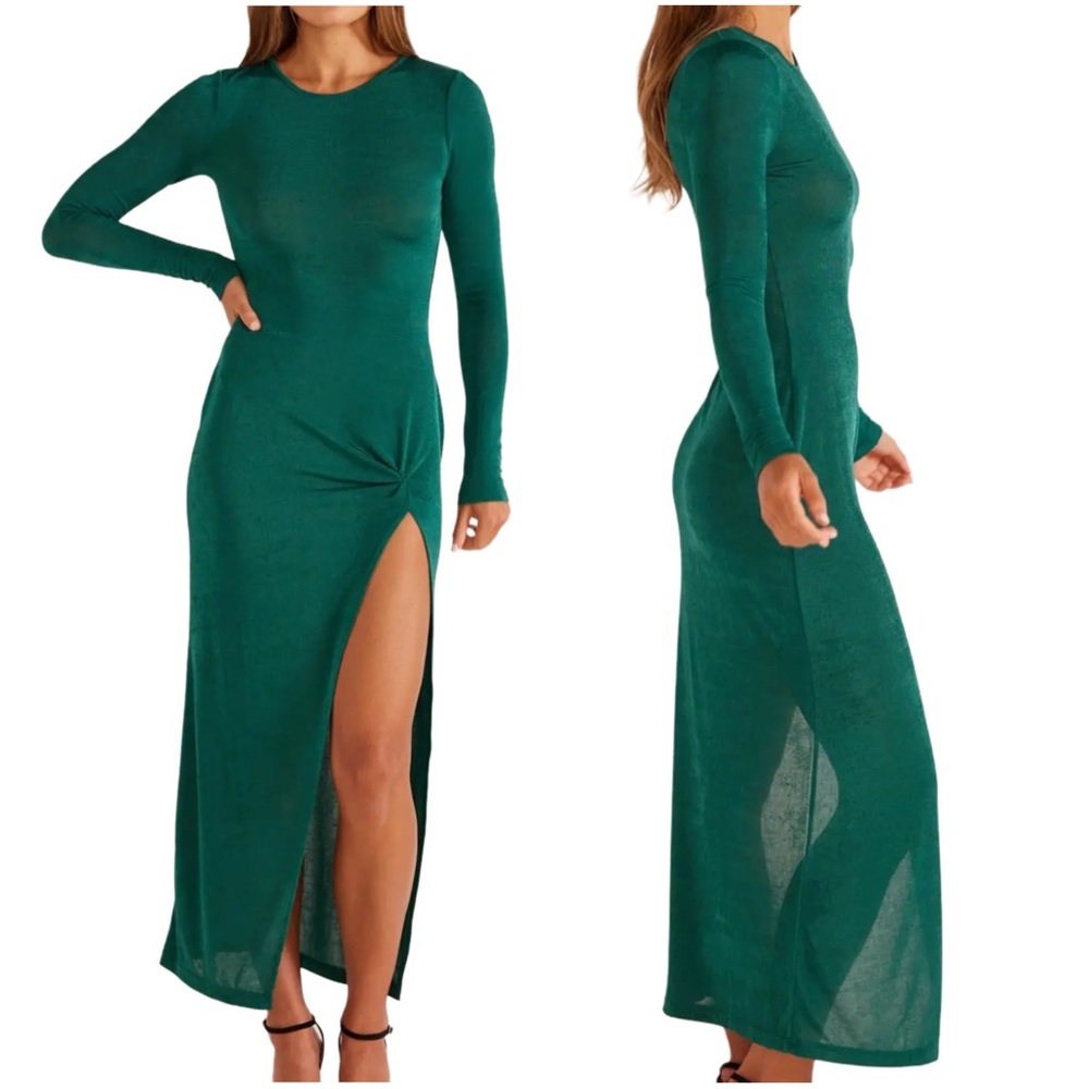MINKPINK NWT Slinky Emerald Green Shimmer Long Sleeve High Leg Slit Midi Dress
